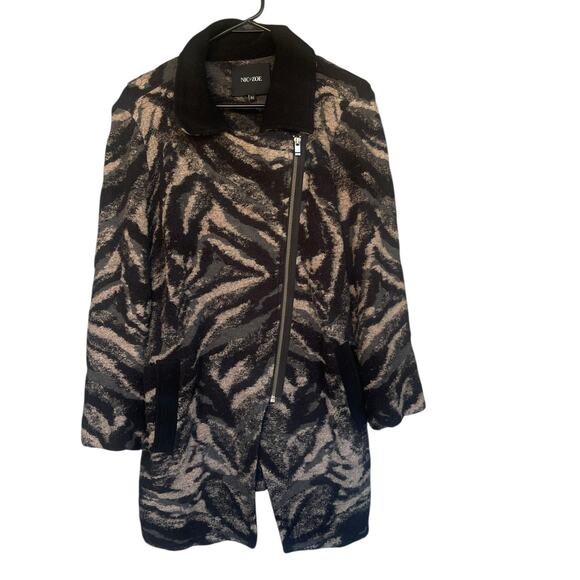 NIC+ZOE Jacket Womens PM Black Gray Wool Blend Asymmetrical Zip Zebra Print - Picture 1 of 8